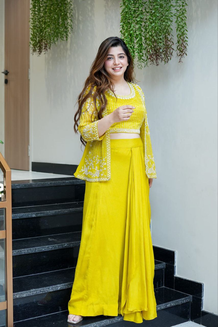 Ready to wear Chinon Silk Dhoti Jacket Blouse Set