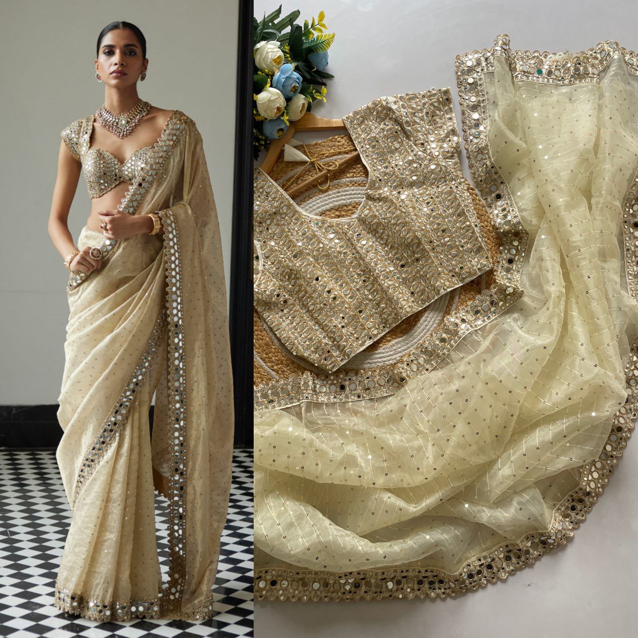 Designer Organza Saree with 5mm Sequins & Mirror Work Lace Border