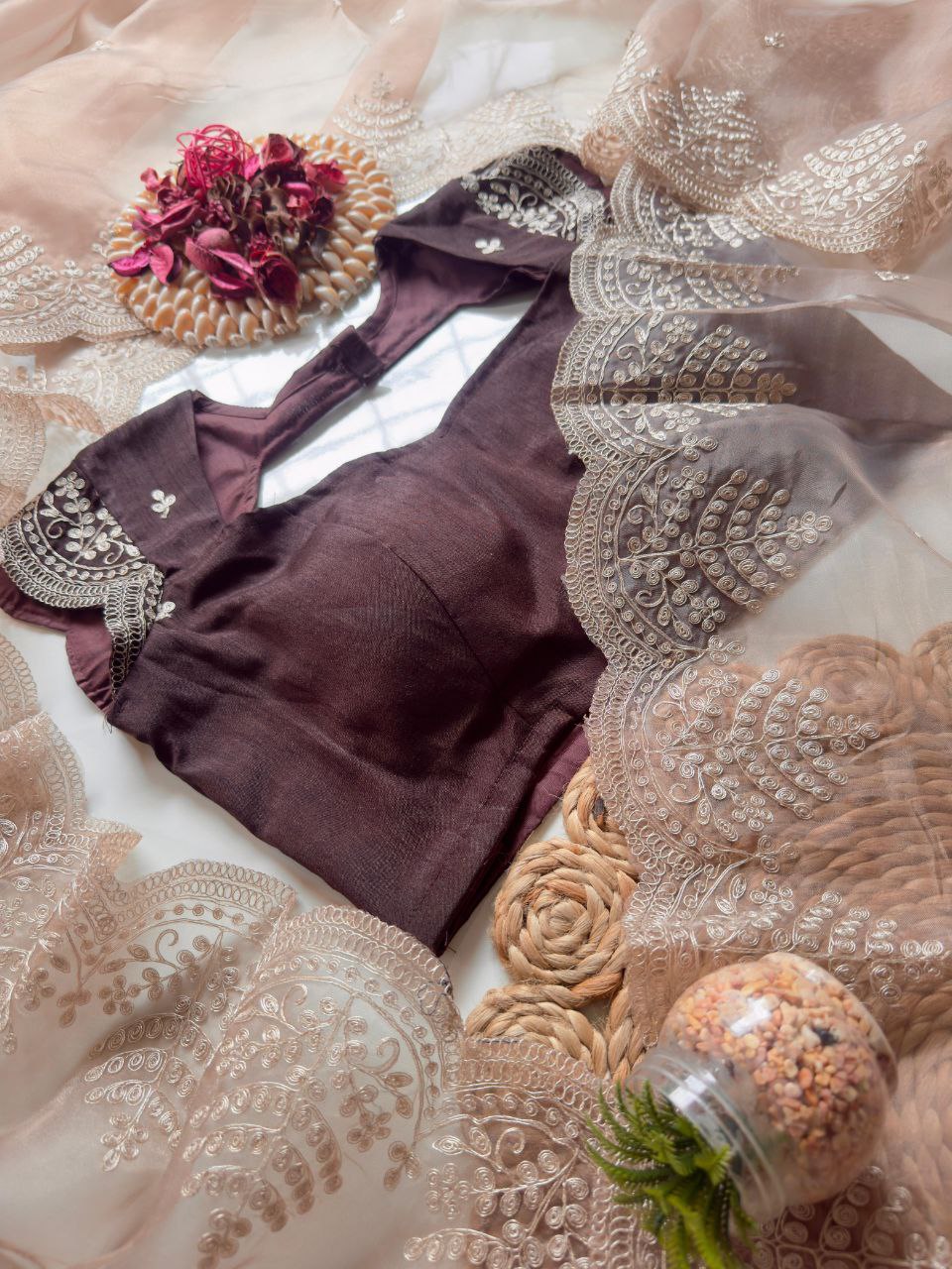 Beige color Organza Silk Saree with Blouse