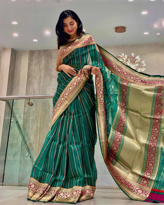 Sea Green Color Jacquard Lichi Silk Saree
