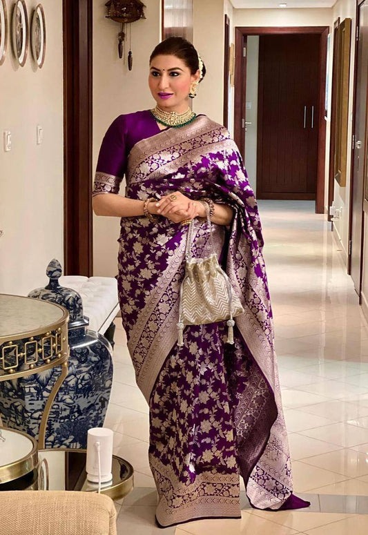 Elegant Soft Lichi Silk Saree with Rich Jacquard Weaving & Contrast Brocade Blouse