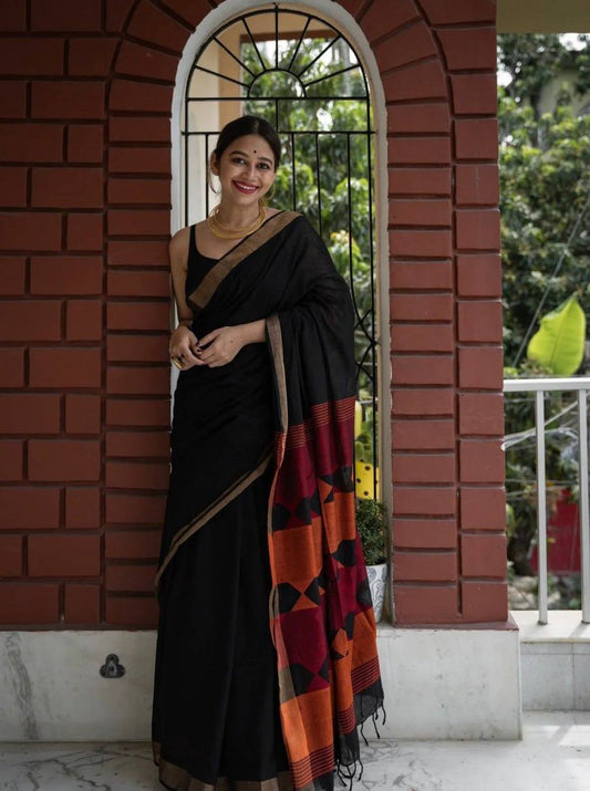 Elegant Soft Linen Slub Saree with Intricate Jacquard Work & Contrast Blouse