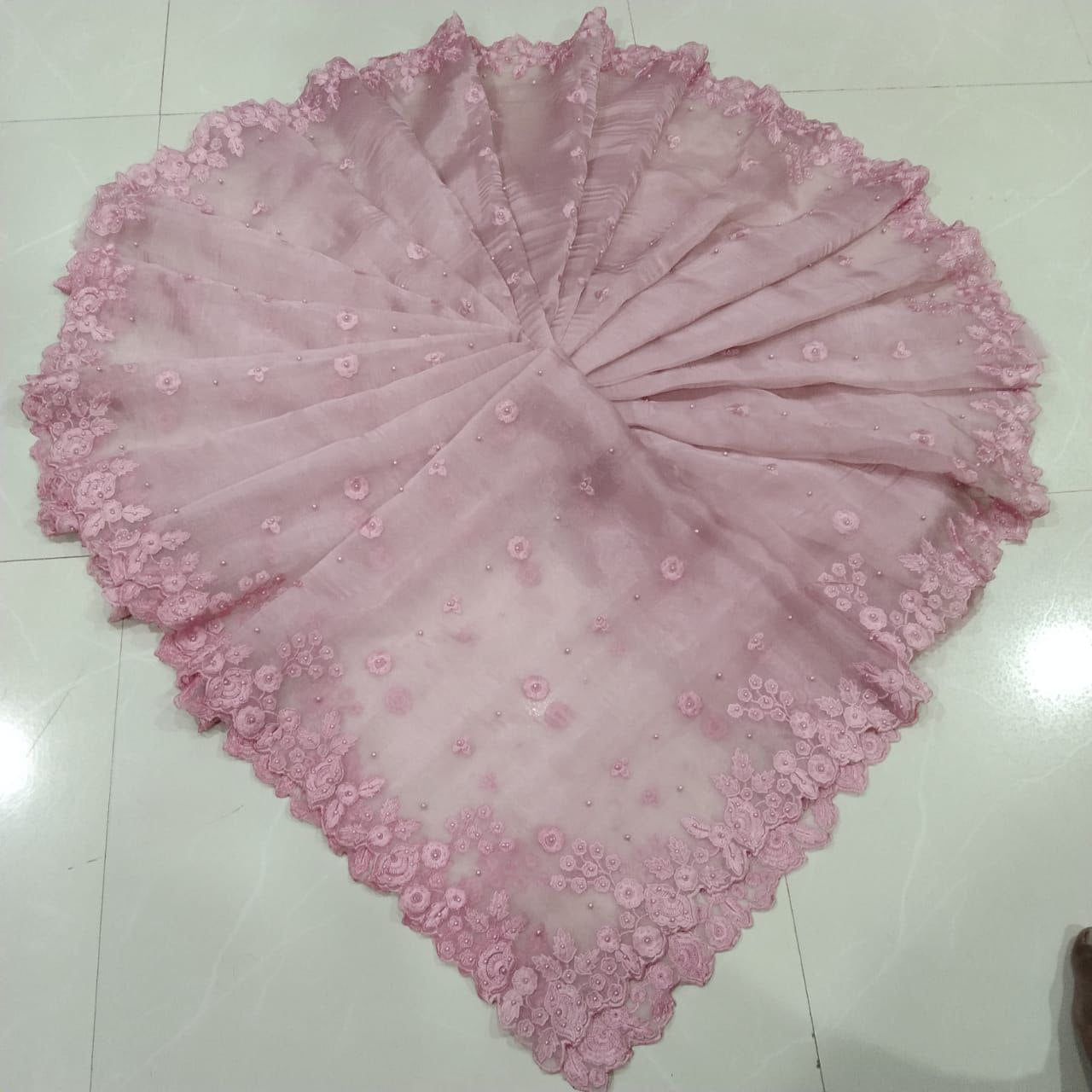 Onion Color Organza Embroidery C pallu Saree with blouse