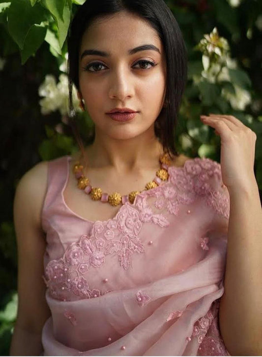 Onion Color Organza Embroidery C pallu Saree with blouse