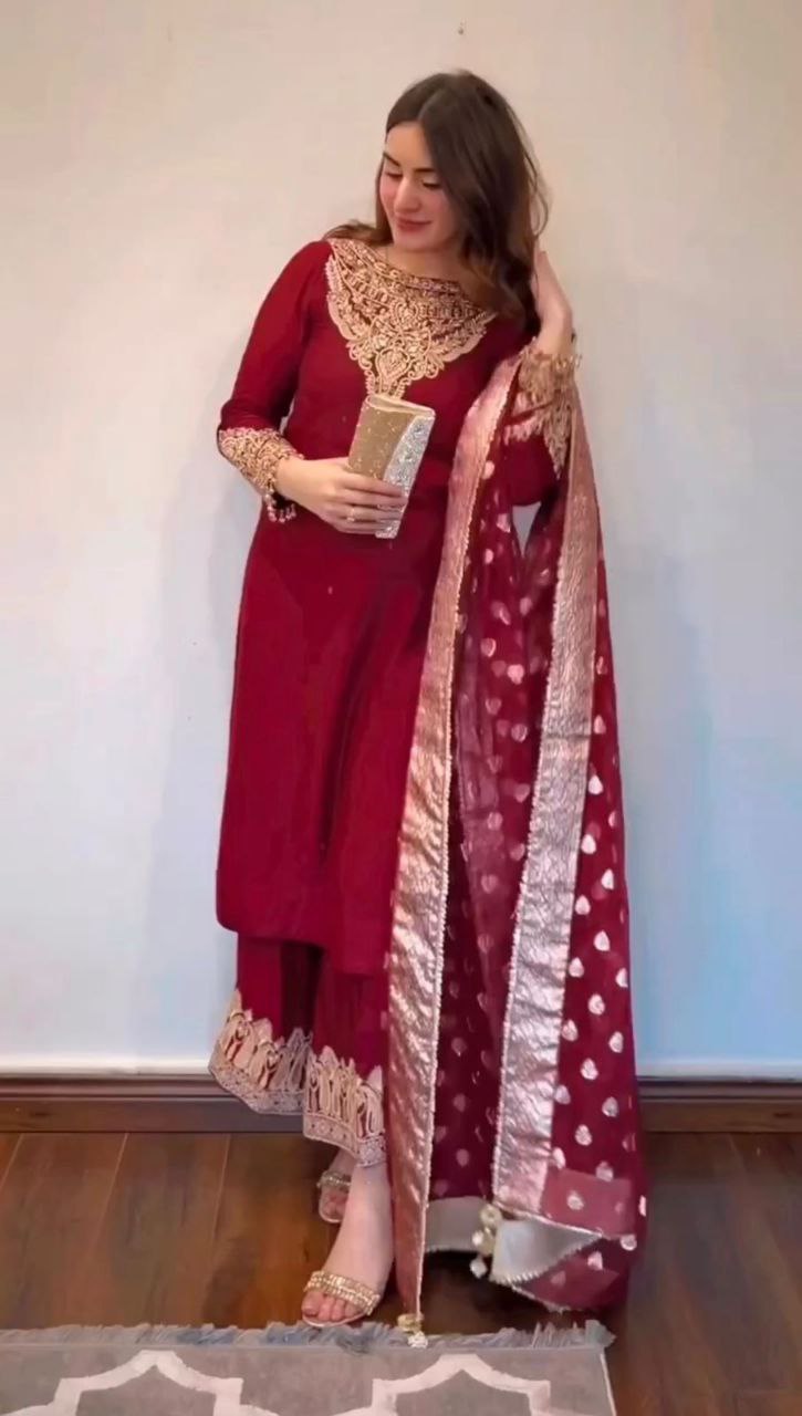 Beautiful Pakistani Embroidered Cherry Red Color 3 Pc Kurta & Palazzo set