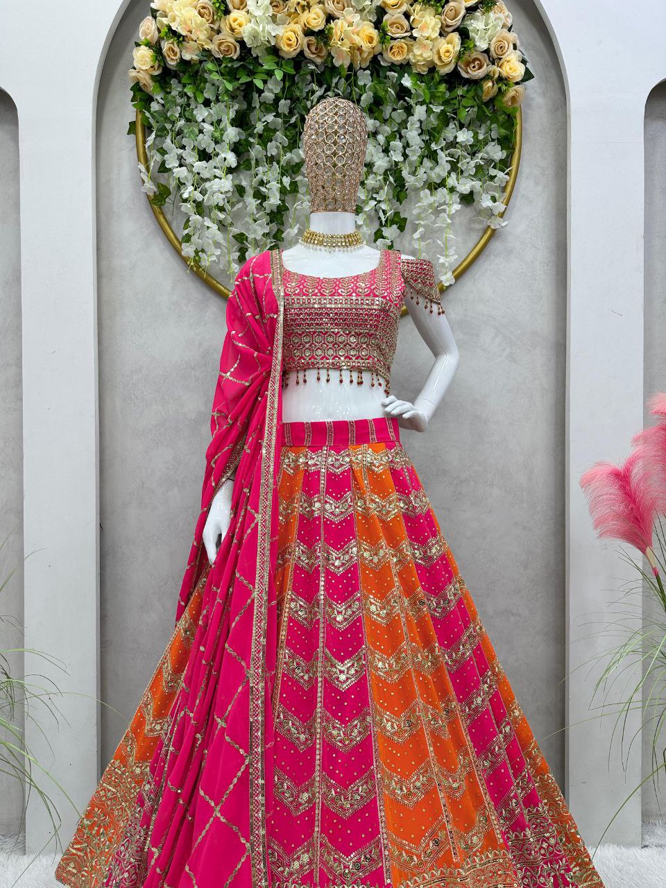 Multi Color Faux Georgette Designer Wedding Wear Lehenga Set