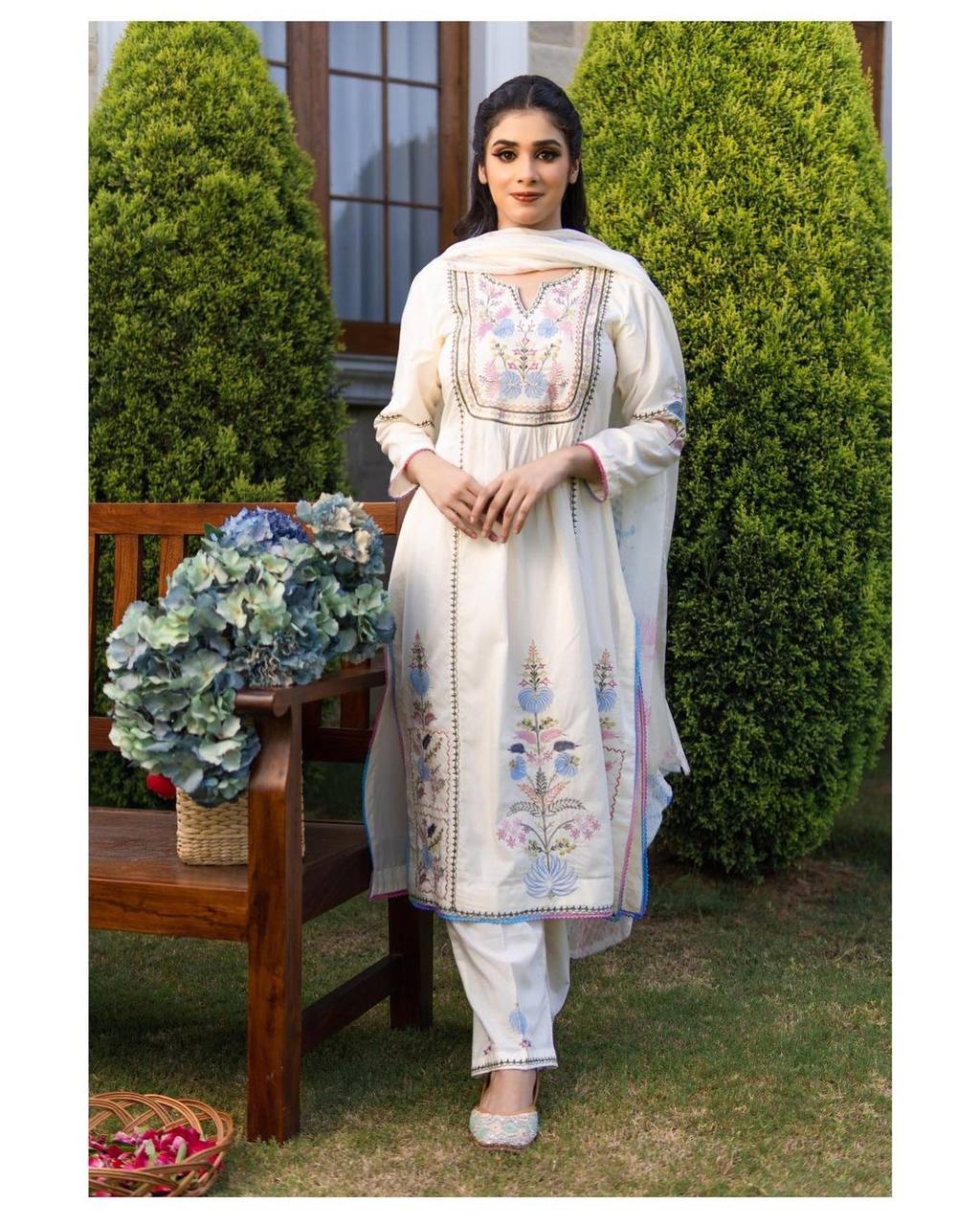 Desirable Fancy Georgette Embroidered Work Top And Pent With Dupatta