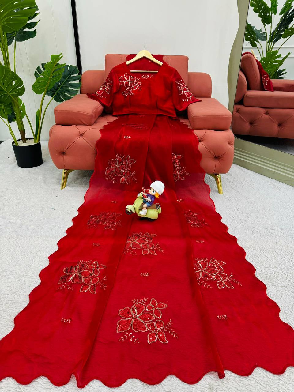 Party Wear Red Color Jimmy Chu Sequence Thread Work Saree Blouse