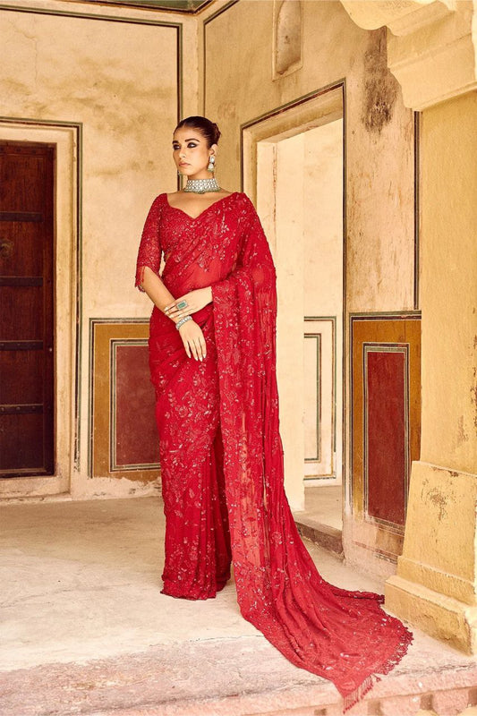 Red Georgette Embroidery Saree With Blouse