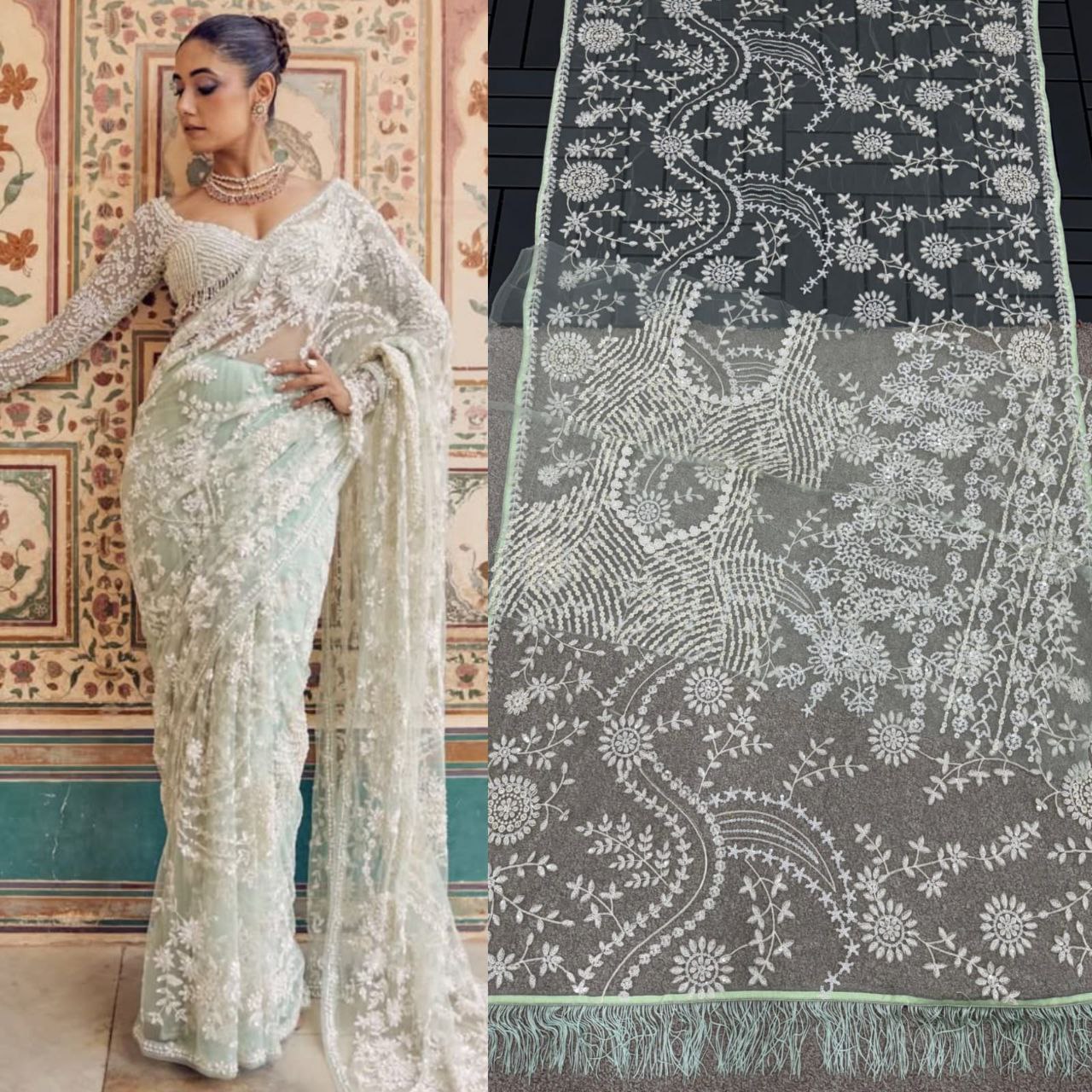 Latest Net Multi Sequence Work Saree Blouse