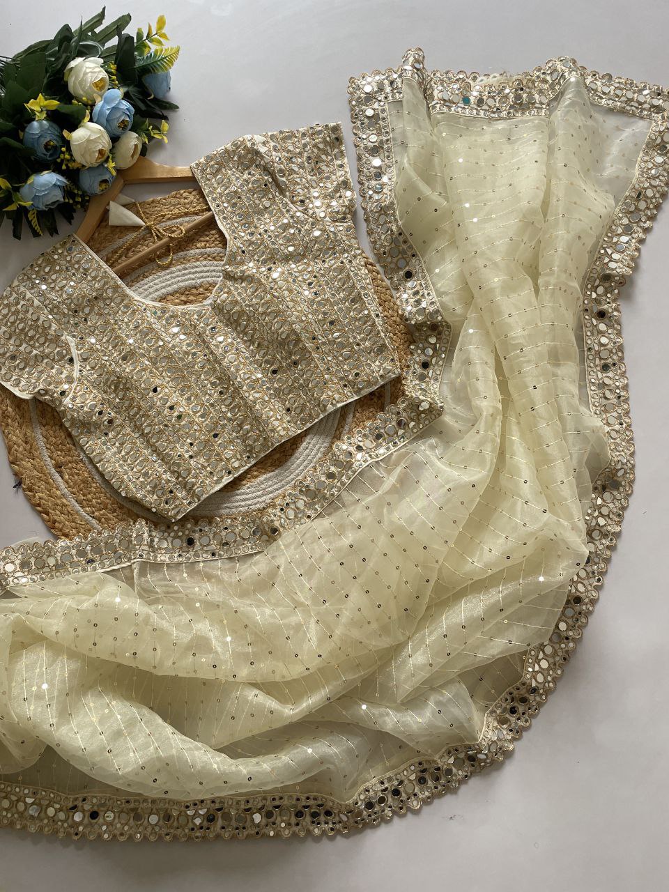 Designer Organza Saree with 5mm Sequins & Mirror Work Lace Border