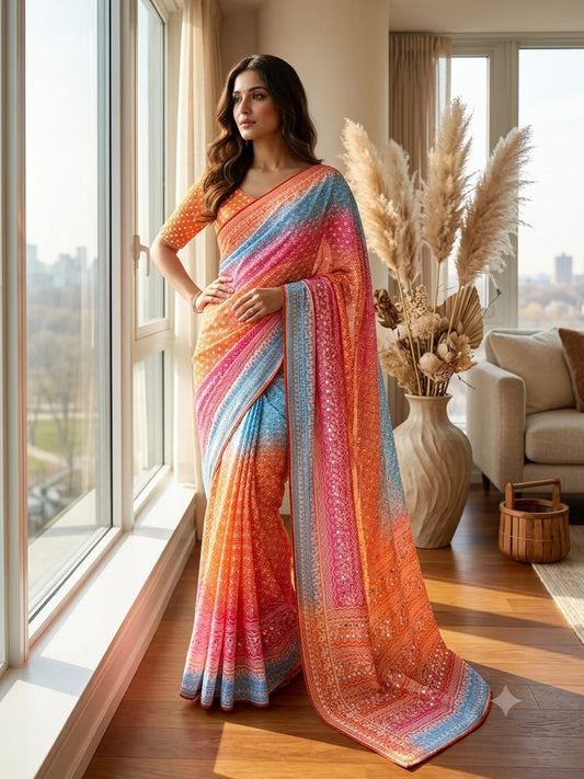 Soft Chinon Silk Designer Saree Mirror work and Hand Aari Work