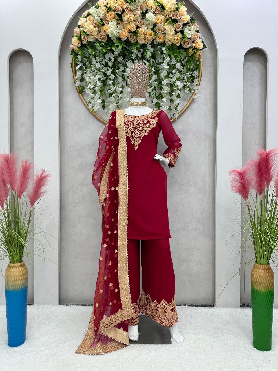 Beautiful Pakistani Embroidered Cherry Red Color 3 Pc Kurta & Palazzo set