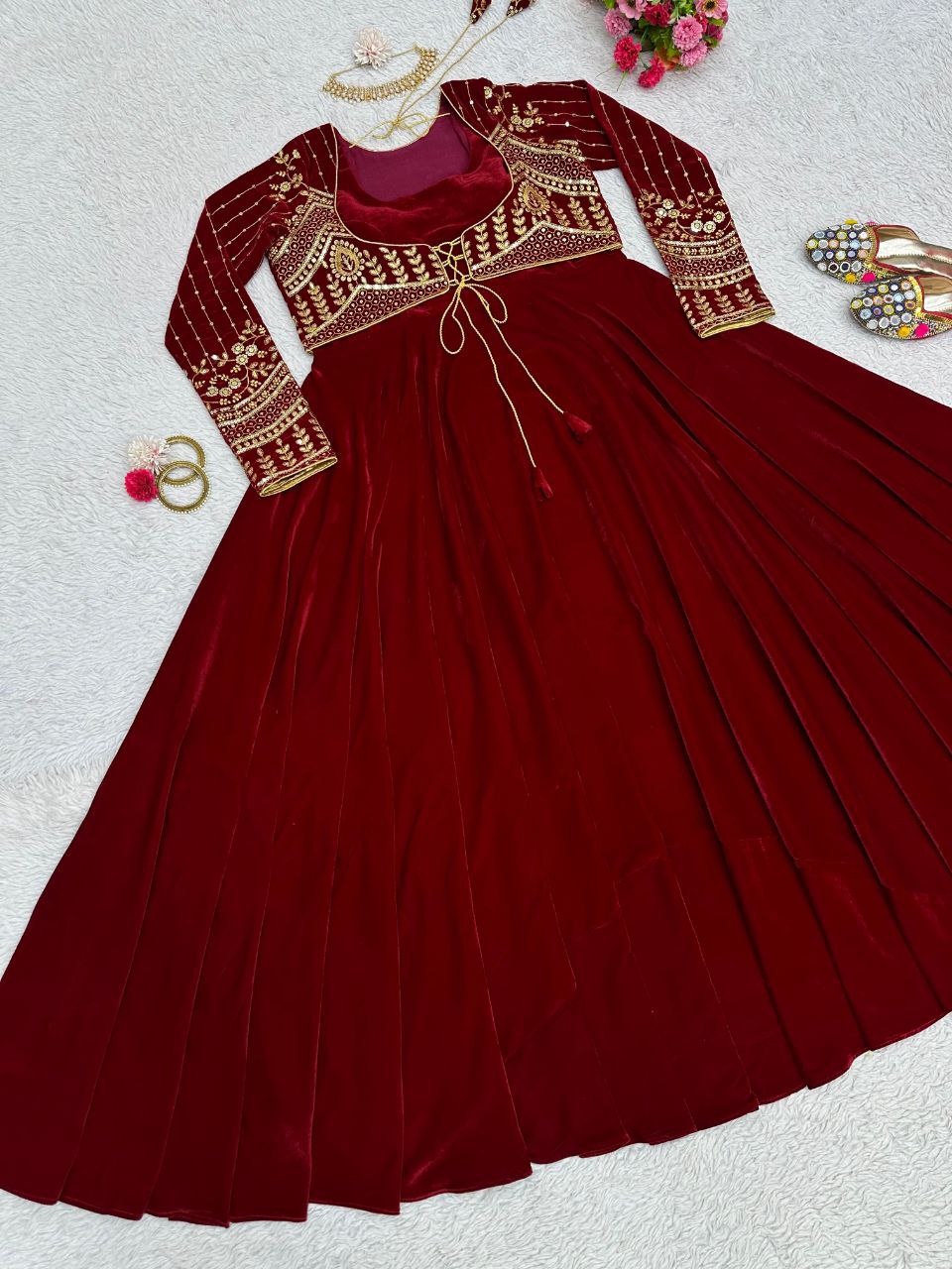 Attractive Maroon Color Gown With Koti