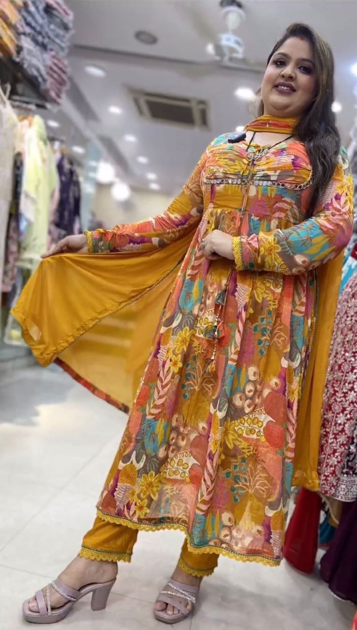 Beautiful Yellow color Digital Printed Kurta Set with Dupatta