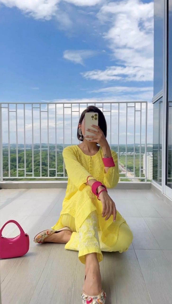 Beautiful Yellow Color Chikankari Kurti With Pent