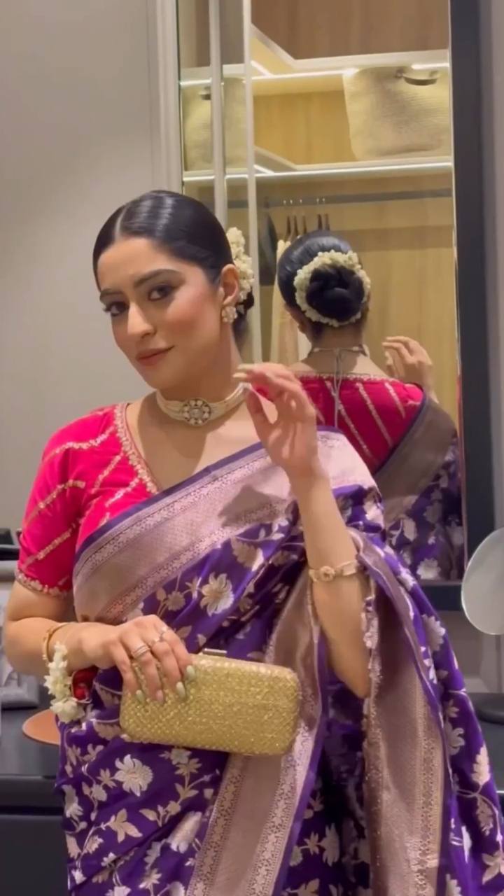 Purple Color Lichi Silk Jacquard Work Rich Pallu Saree Blouse