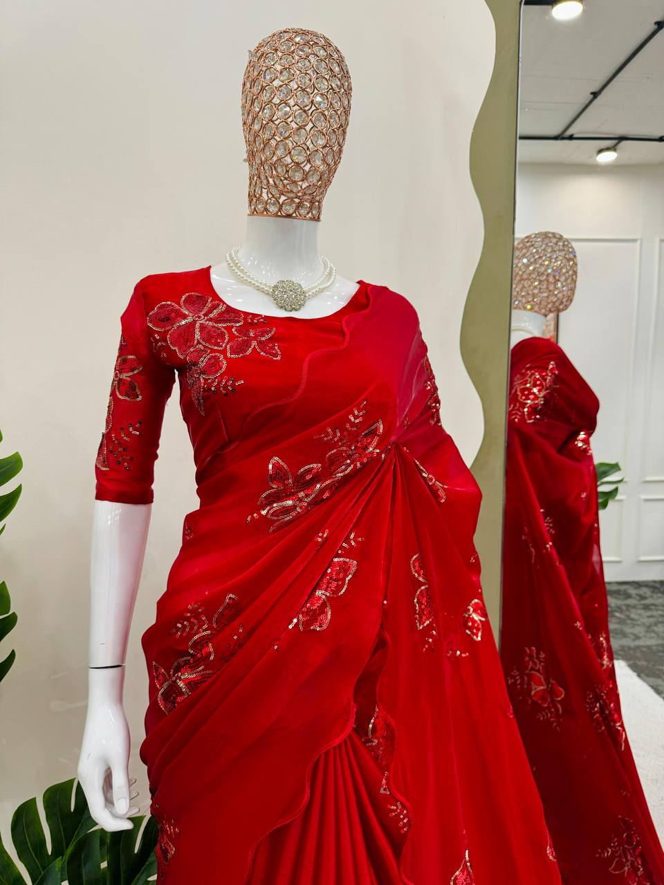 Party Wear Red Color Jimmy Chu Sequence Thread Work Saree Blouse