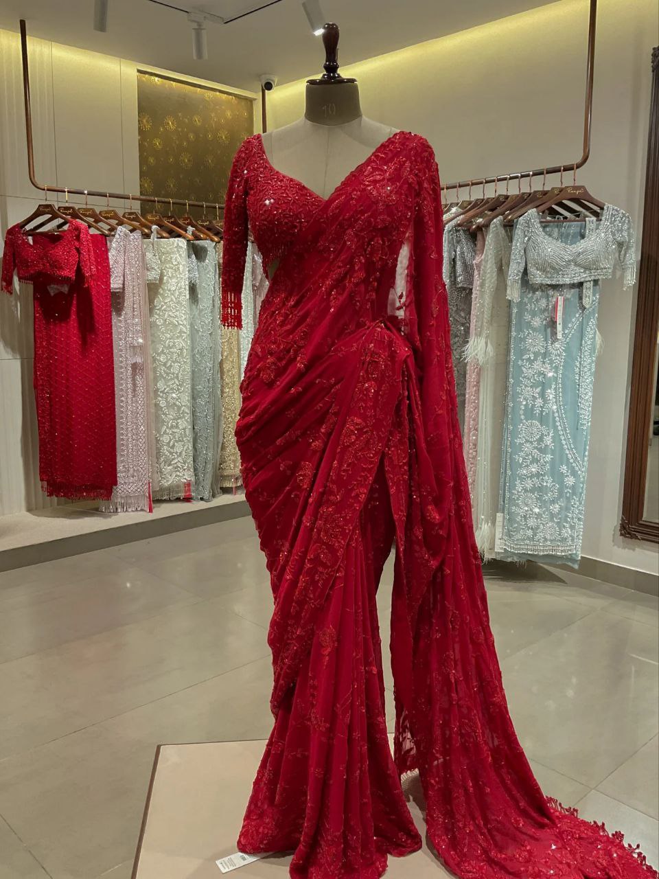 Red Georgette Embroidery Saree With Blouse