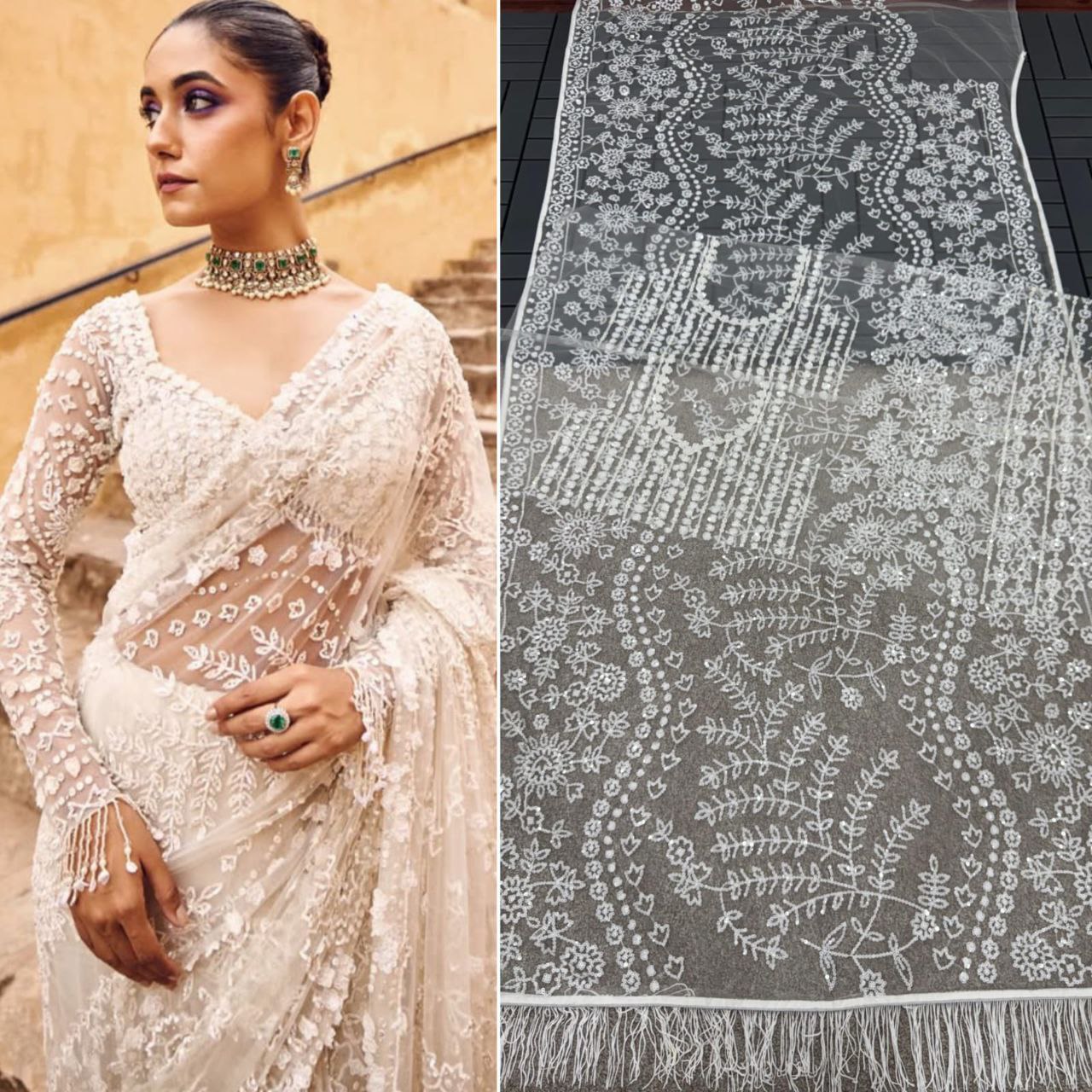 Latest Net Multi Sequence Work Saree Blouse