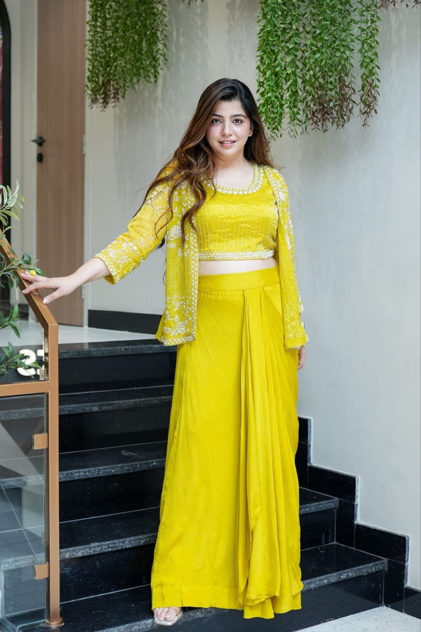 Ready to wear Chinon Silk Dhoti Jacket Blouse Set