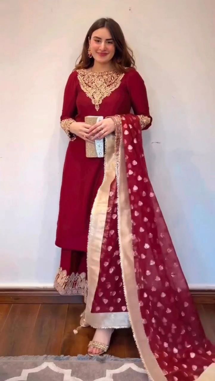Beautiful Pakistani Embroidered Cherry Red Color 3 Pc Kurta & Palazzo set