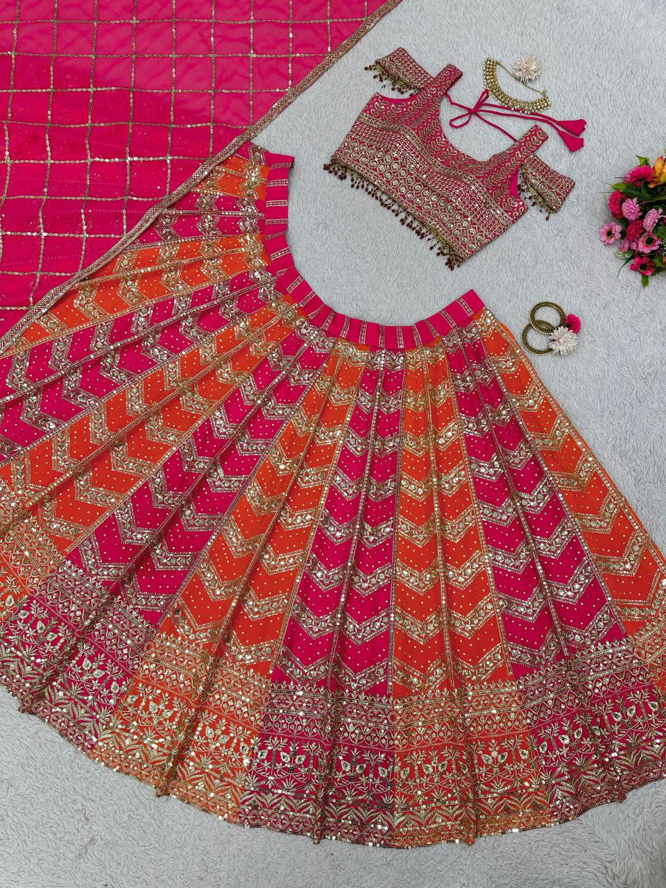 Multi Color Faux Georgette Designer Wedding Wear Lehenga Set