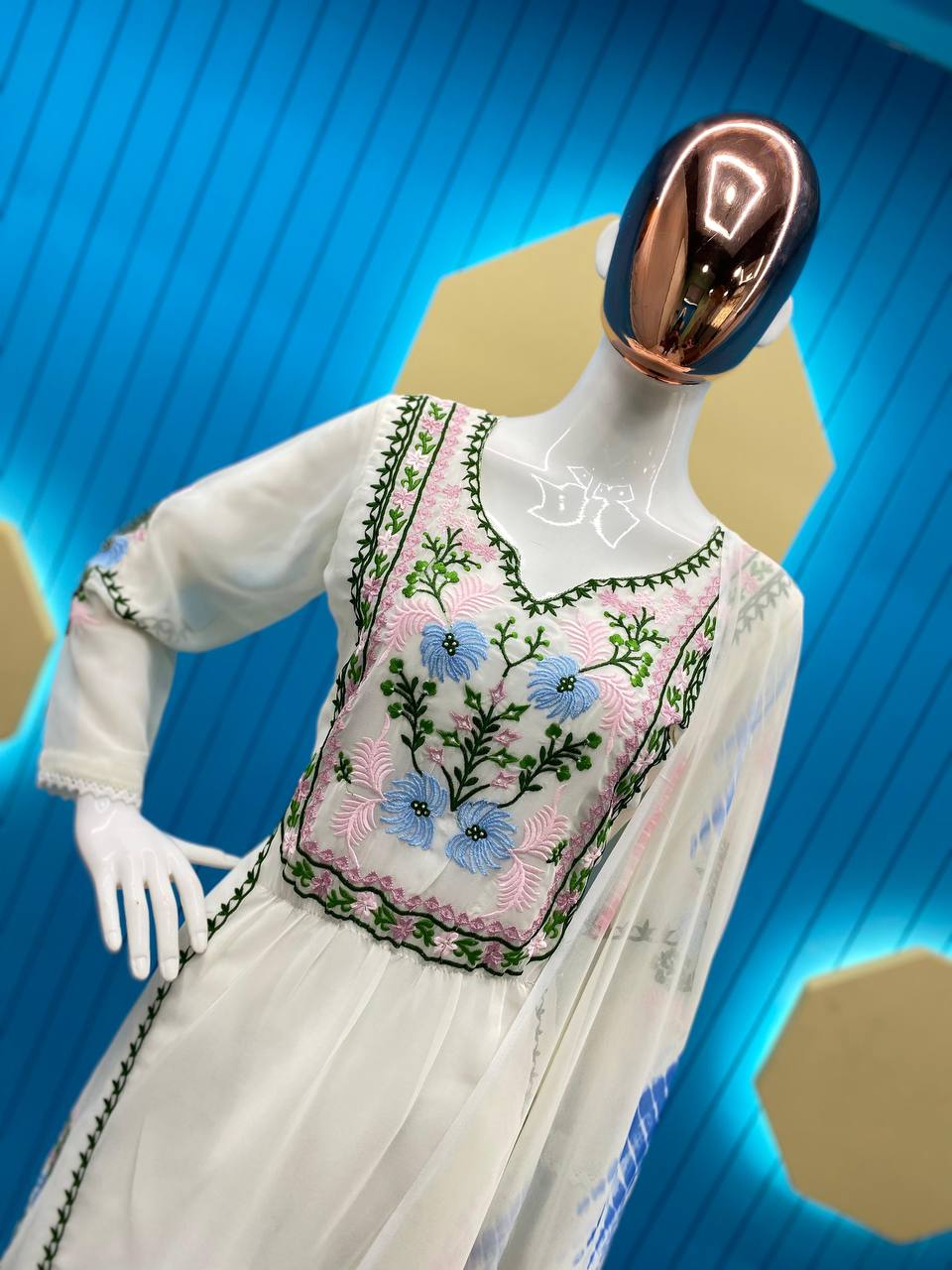 Desirable Fancy Georgette Embroidered Work Top And Pent With Dupatta