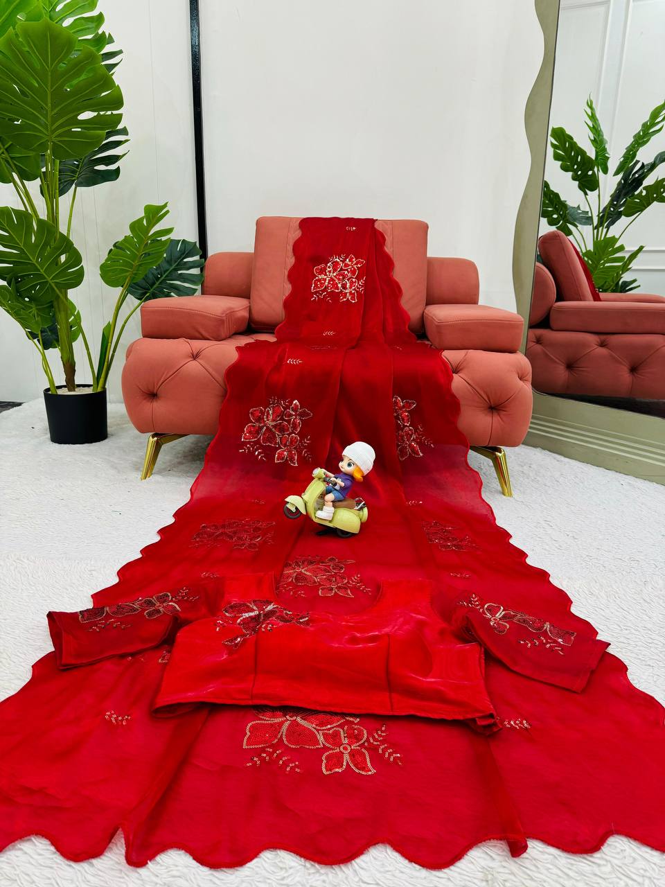 Party Wear Red Color Jimmy Chu Sequence Thread Work Saree Blouse