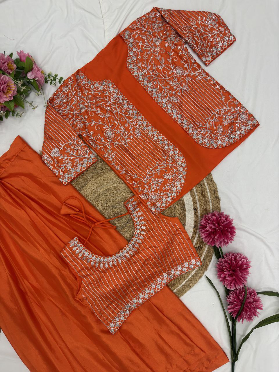 Ready to wear Chinon Silk Dhoti Jacket Blouse Set
