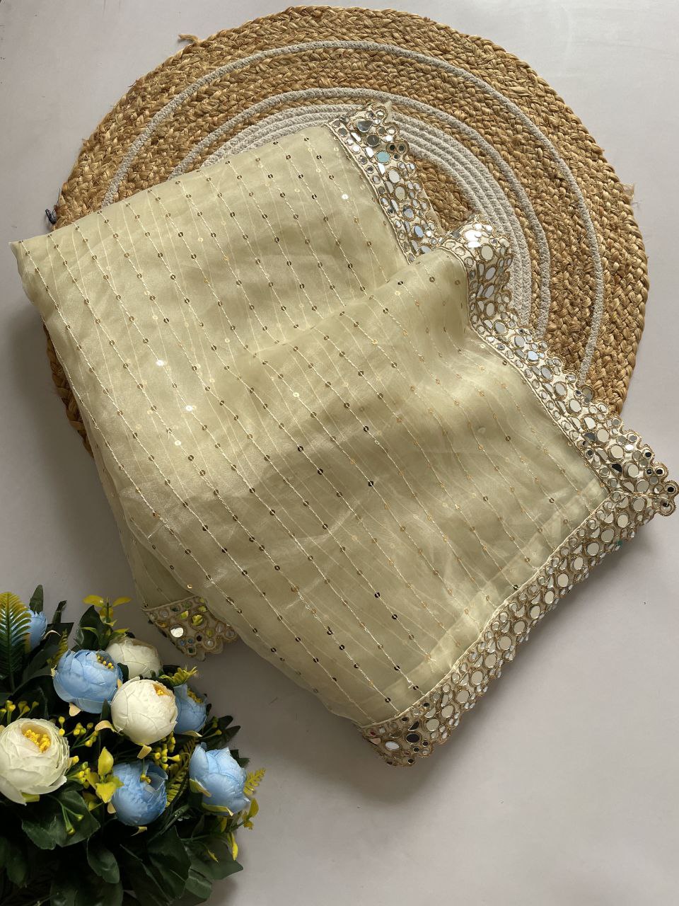 Designer Organza Saree with 5mm Sequins & Mirror Work Lace Border