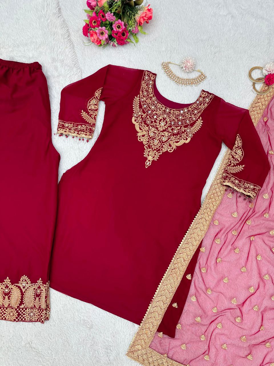Beautiful Pakistani Embroidered Cherry Red Color 3 Pc Kurta & Palazzo set