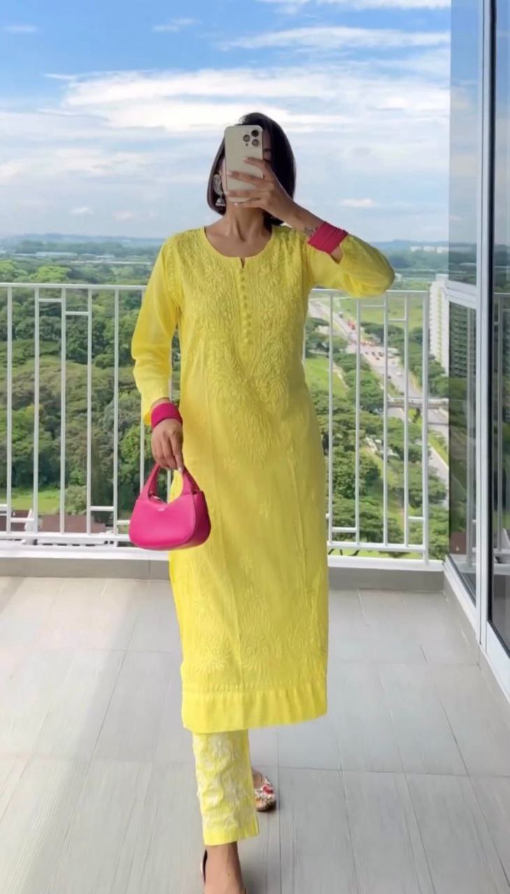 Beautiful Yellow Color Chikankari Kurti With Pent