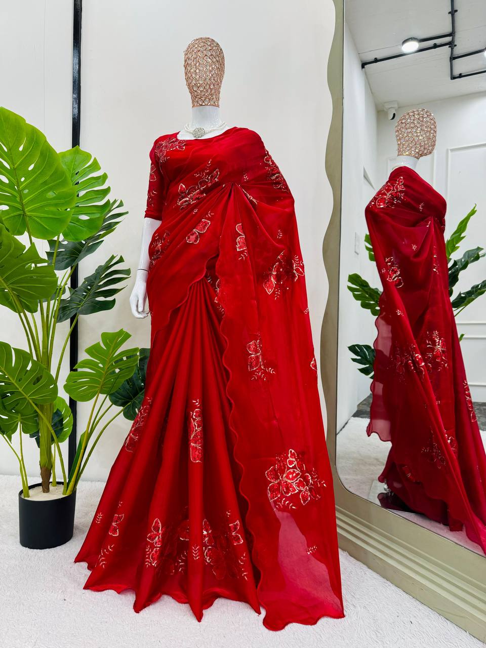 Party Wear Red Color Jimmy Chu Sequence Thread Work Saree Blouse
