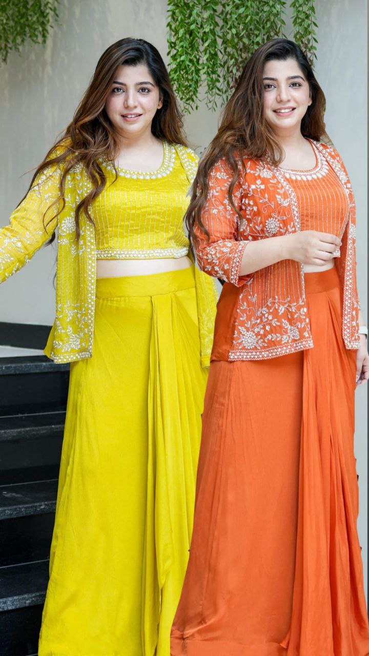 Ready to wear Chinon Silk Dhoti Jacket Blouse Set
