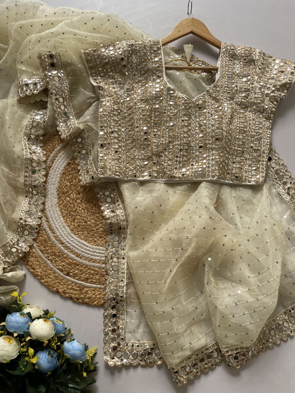 Designer Organza Saree with 5mm Sequins & Mirror Work Lace Border
