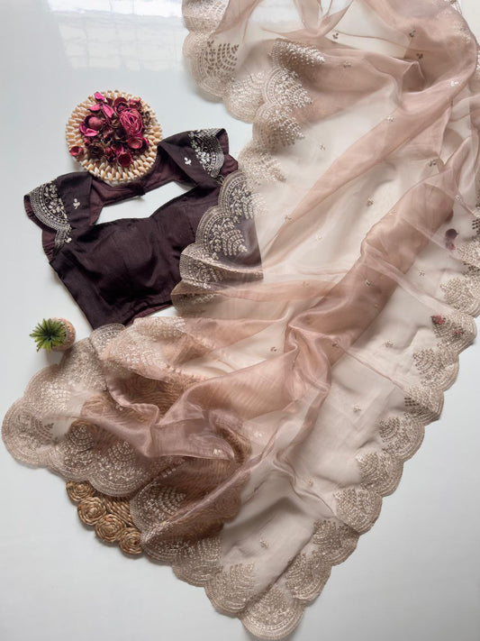 Beige color Organza Silk Saree with Blouse