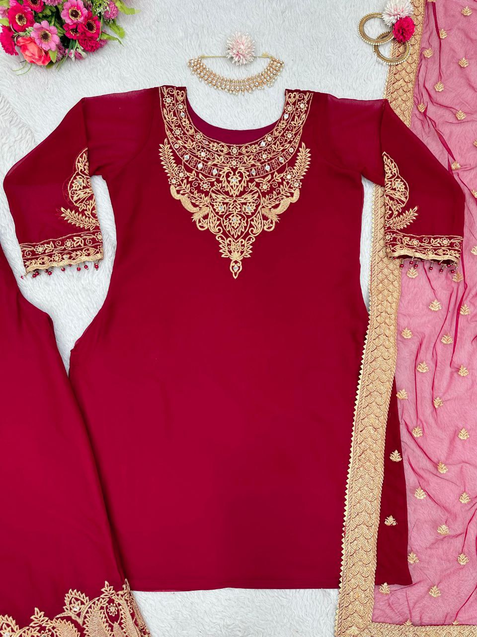 Beautiful Pakistani Embroidered Cherry Red Color 3 Pc Kurta & Palazzo set