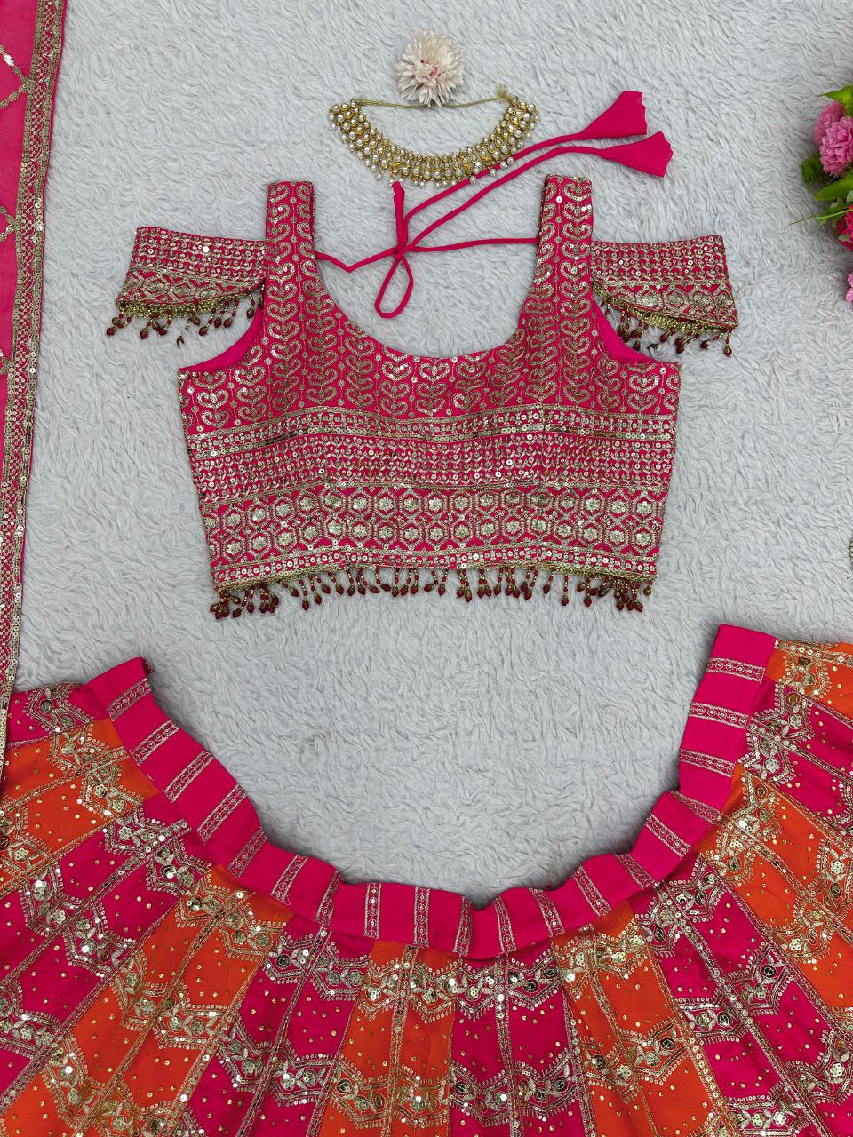 Multi Color Faux Georgette Designer Wedding Wear Lehenga Set