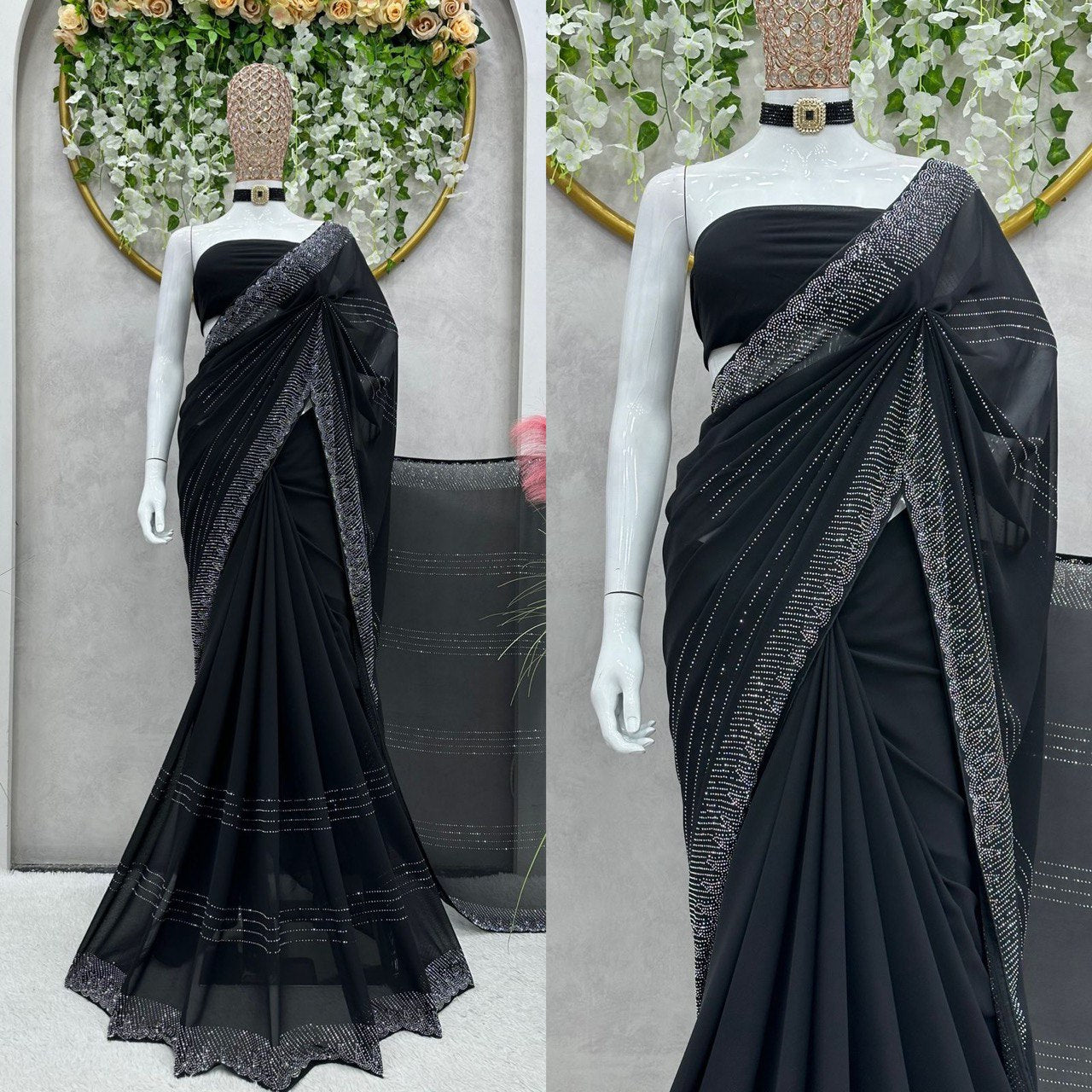 Beautiful Party Wear Black Georgette Sequence Work Saree With Blouse urban trend .in