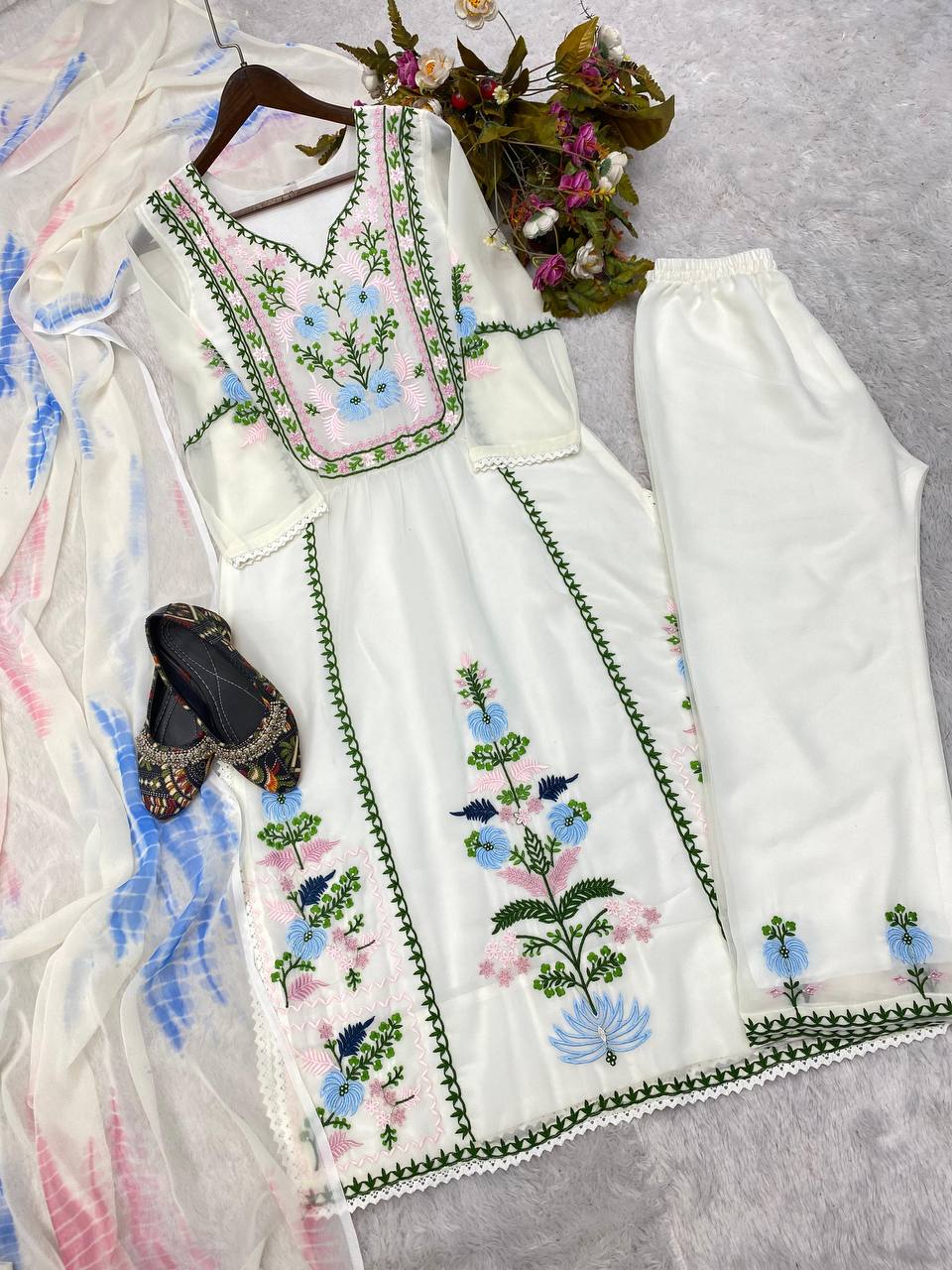 Desirable Fancy Georgette Embroidered Work Top And Pent With Dupatta