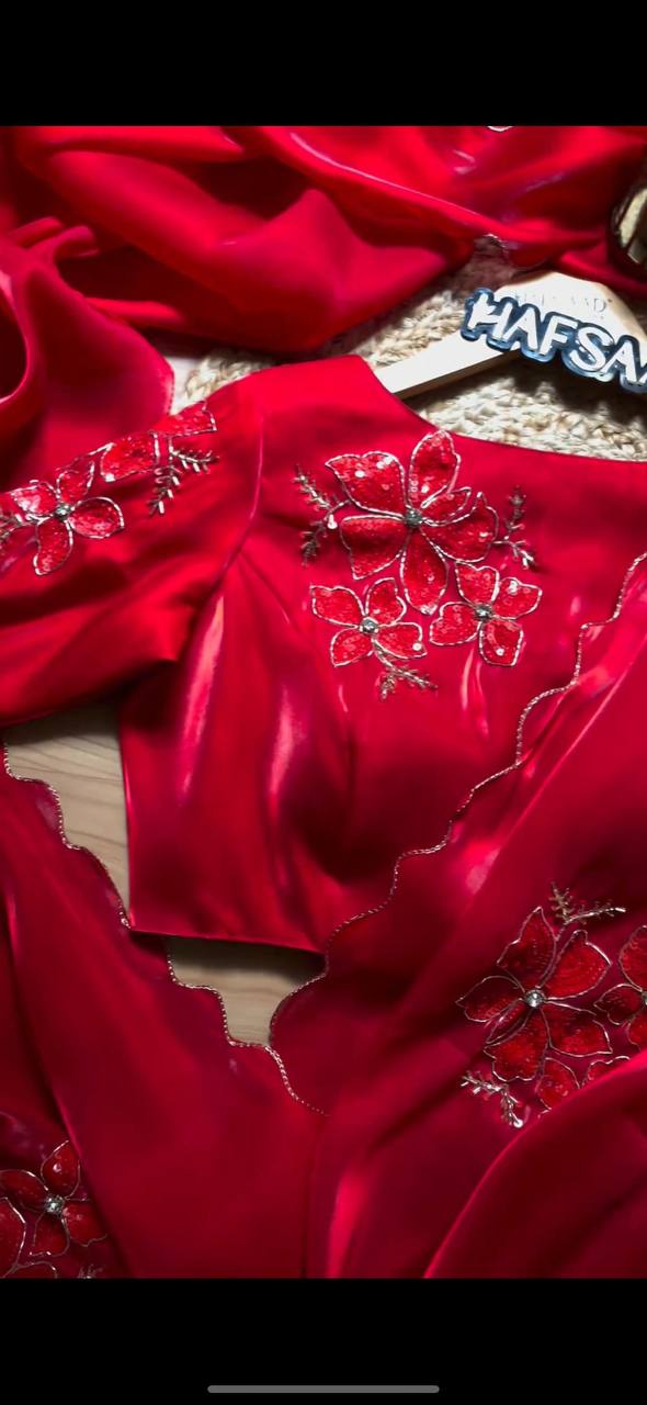 Party Wear Red Color Jimmy Chu Sequence Thread Work Saree Blouse