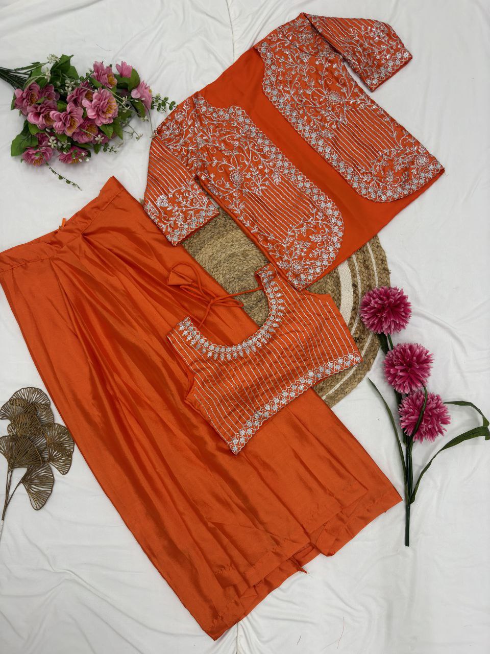 Ready to wear Chinon Silk Dhoti Jacket Blouse Set