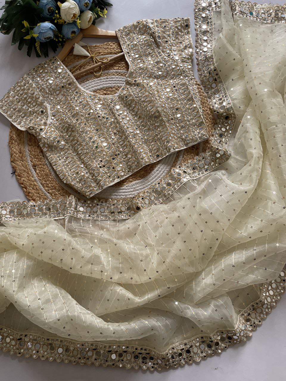 Designer Organza Saree with 5mm Sequins & Mirror Work Lace Border