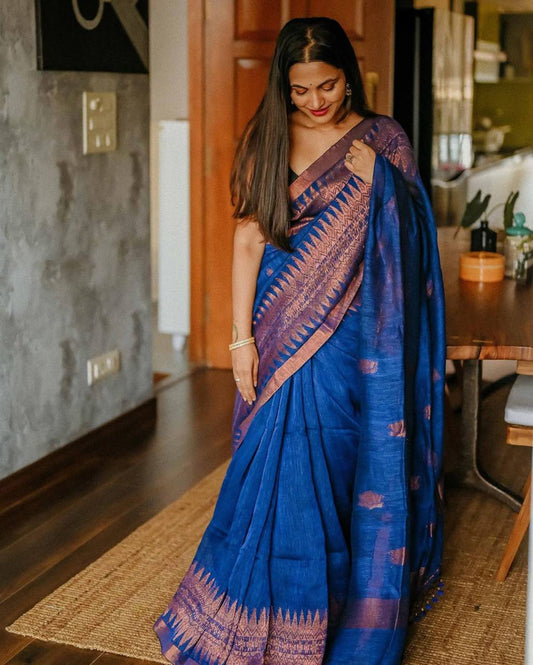 Blue Color Linen Cotton Weaving Saree