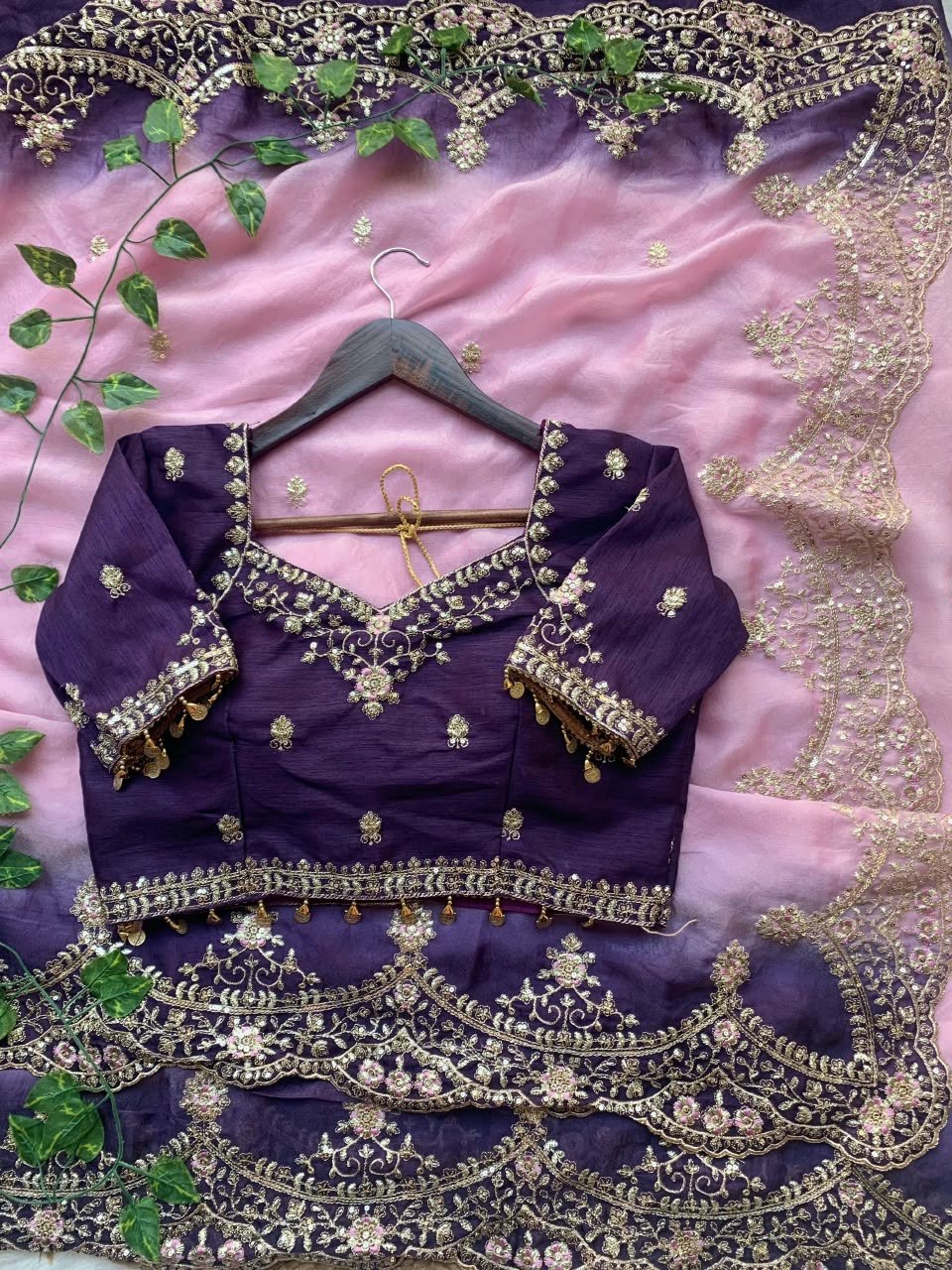 Rich Embroidery Moss Padding Silk Saree with Stitched Blouse