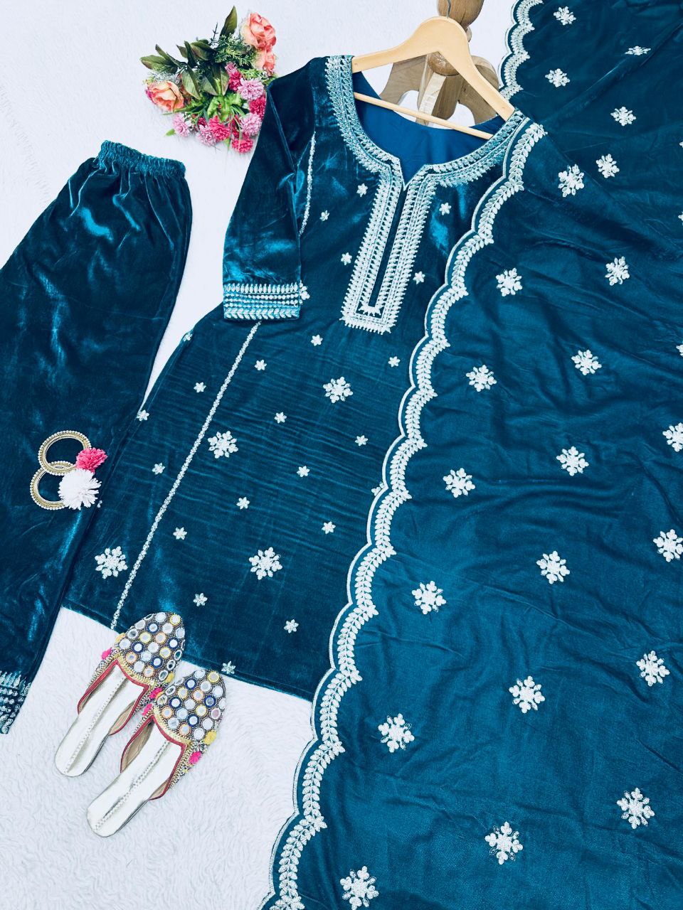 Beautiful Teal Blue Color Heavy Velvet Thread Sequence Work Salwar Suit