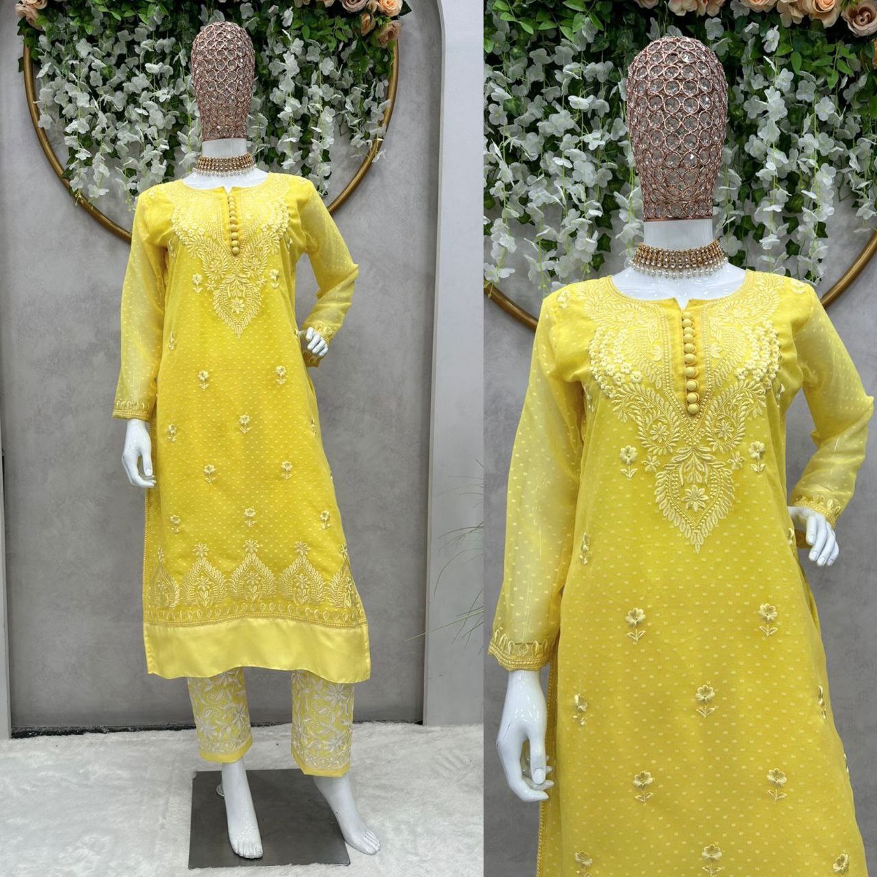 Beautiful Yellow Color Chikankari Kurti With Pent
