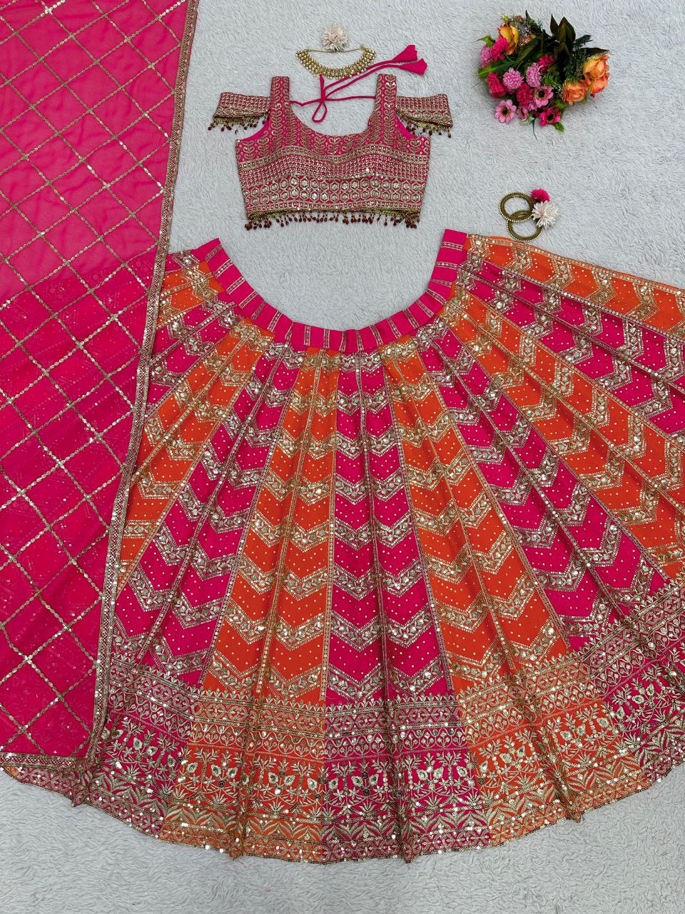 Multi Color Faux Georgette Designer Wedding Wear Lehenga Set