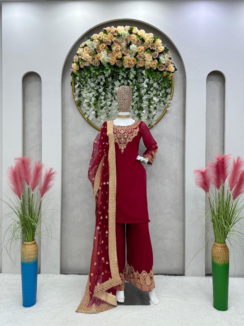 Beautiful Pakistani Embroidered Cherry Red Color 3 Pc Kurta & Palazzo set